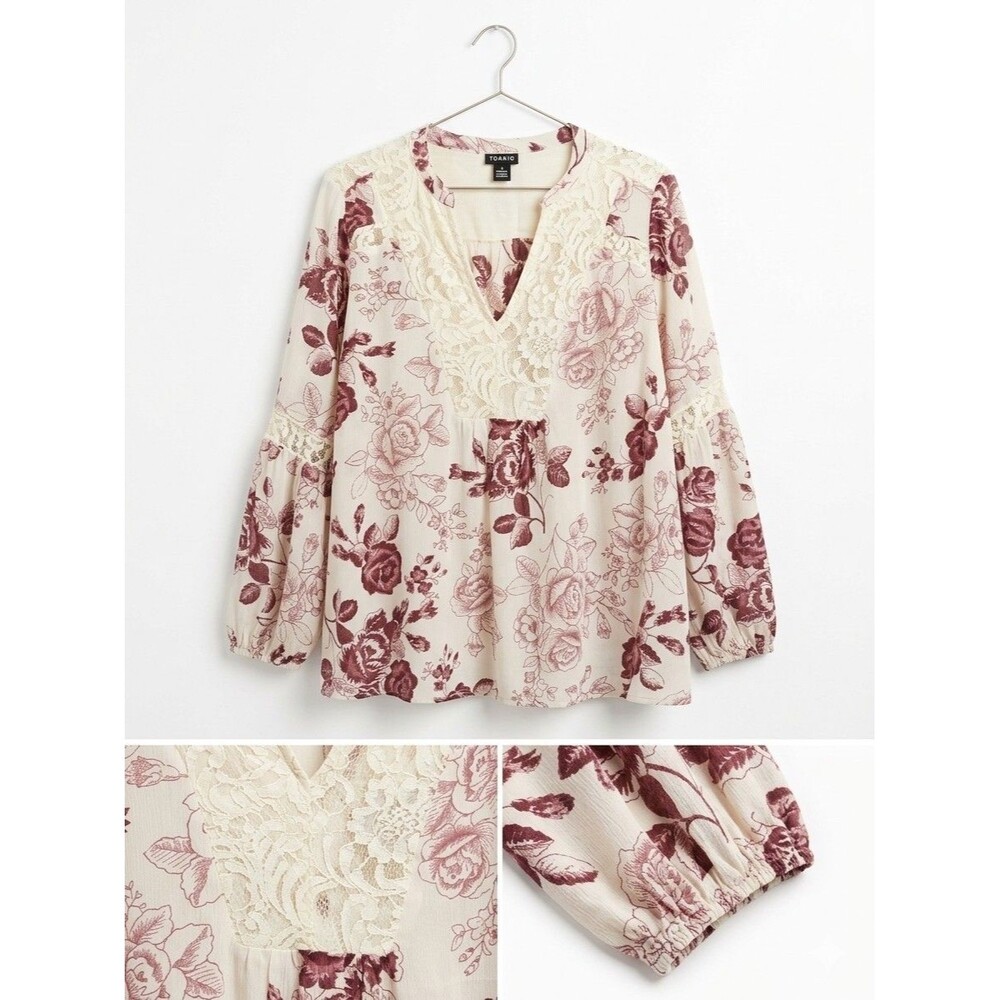 Torrid Women's Beige Burgundy Floral Lace V-Neck Long Sleeve Blouse size 1